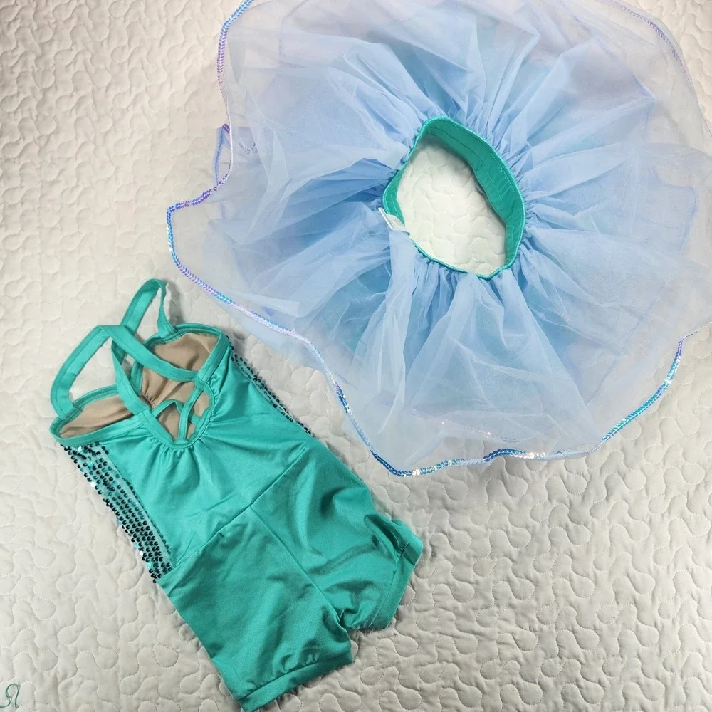 XSC Girls Weissman Dance Costume SET Teal Blue Fringe Tutu Leotard NEW $90